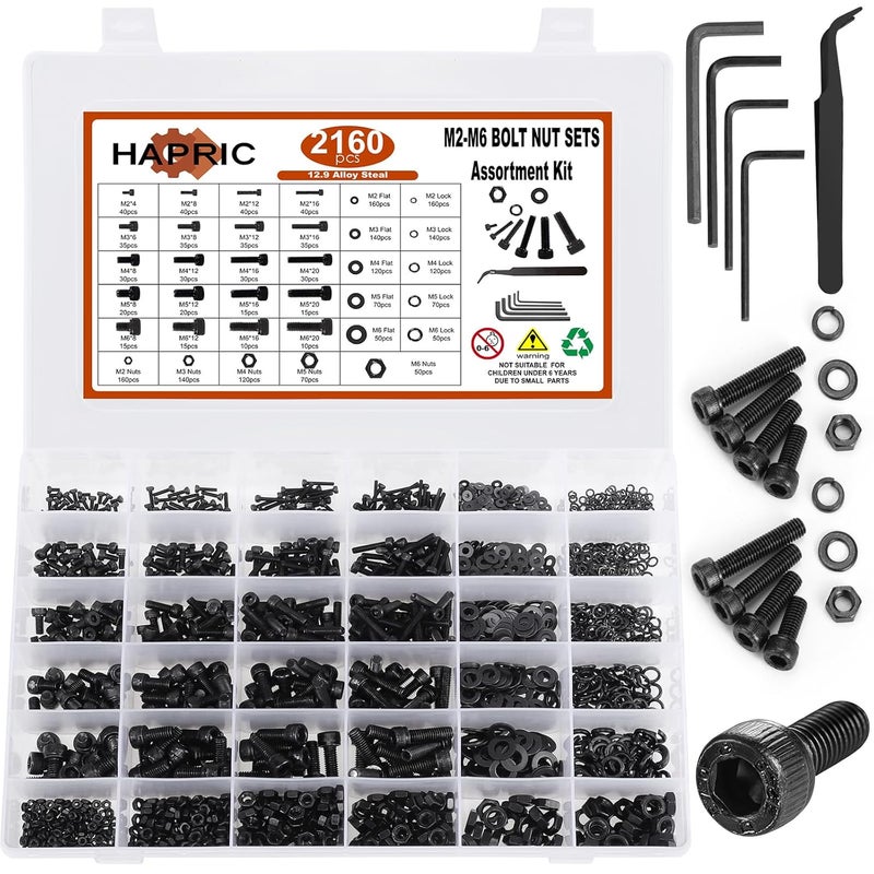 Hapric 2160 Pcs Metric Screw Assortment Metric Bolts M2 M3 M4 M5 M6 Nuts and Bolt Kit, 12.9 Alloy Steel Black Zinc Plated Hex Socket Head Screws Nuts Bolts and Washers Set - Image 1